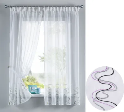 Produktbild von WELLE Stickerei Gardinen Set 4 Tlg. Raffhalter Tunneldurchzug Gardinenband für Gardinenschienen Lila HxB 150x90 cm, 112231
