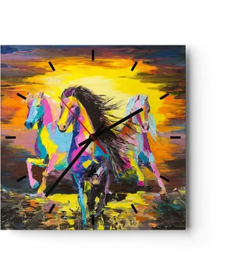 Produktbild von Wanduhr - Quadrat - Glasuhr - Pferd Natur Tier - 40x40cm - Schleichendes Uhrwerk - Lautlos - zum Aufhängen bereit - Dekoration Modern - Wanddekoration aus Glas - C3AC40x40-3433