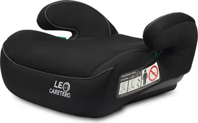 A black child car seat booster is shown from a side angle on a white background.