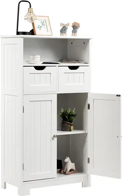 Zdjęcie produktu dla KOMFOTTEU Szafka łazienkowa z 2 szufladami i 1 szafką i 1 otwartą półką, szafka łazienkowa 60 x 30 x 109 cm, drewniana szafka podłogowa, szafka do przechowywania do salonu, sypialni, kuchni (biała)