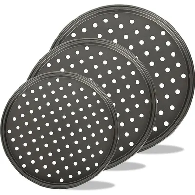 Produktbild von Pizzaform 3er Set Kohlenstoffstahl – Antihaft, Luftlöcher, rund | 24/28/32 cm für Ofen