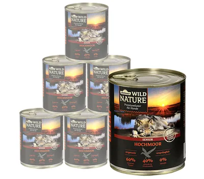 Produktbild von Dehner Wild Nature Hundefutter Hochmoor, Nassfutter getreidefrei / zuckerfrei, für ältere Hunde, Ente, 6 x 800 g Dose (4.8 kg)