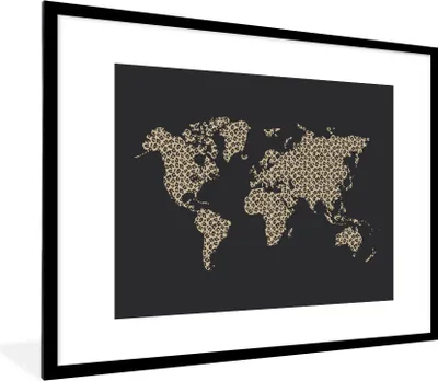 Produktbild von MuchoWow® Gerahmtes Poster Weltkarte - Pantherdruck - Schwarz 80x60 cm - Poster mit Schwarzem Bilderrahmen Wandposter Rahmen Foto Bilder - Schlafzimmer-Dekorationen - Fotoposter