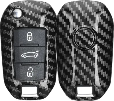Produktbild von kwmobile Autoschlüssel Hülle kompatibel mit Peugeot Citroen 3-Tasten Klapp Autoschlüssel - Hardcover Schutzhülle Schlüsselhülle Cover Carbon Schwarz