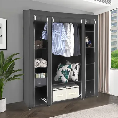 Produktbild von OOBEST® Kleiderschrank Stoffschrank mit 2 Stangen Faltschrank Wäscheschrank Garderobe mit Kleiderstange Vlies Gewebe Grau 172x134x43cm
