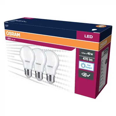 Produktbild von 3 x Osram LED Leuchtmittel A55 Birnenform 4,9W = 40W E27 matt 470lm Tageslicht 6500K kaltweiß