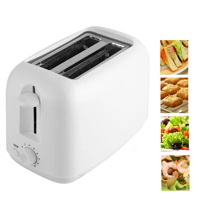 A white toaster is shown on the left, with four small images of food items on the right.