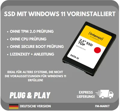 Produktbild von 512GB SSD Festplatte mit vorinstallierten Windows 11 Professional ohne TPM 2.0 PC Laptop Notebook