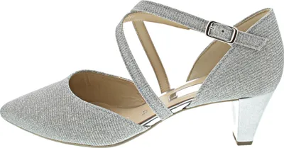 A side view of a single silver women's shoe with a glittery finish and a block heel.