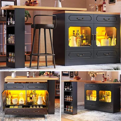 Image de Table de bar extensible 135-203 x 39 x 92,8 cm – pivotante à 360°, télescopique avec éclairage LED, table haute et îlot de cuisine, table de bar avec meuble de rangement, noir