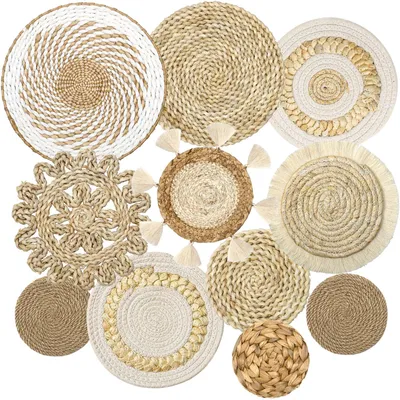 11-teiliges Boho-Wandkorb-Set aus Rattan, handgewebt, rund