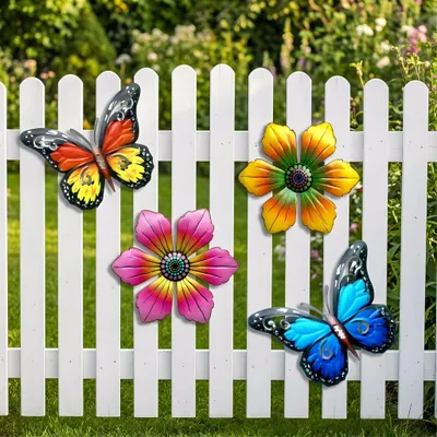 Metall-Tuindekoration 4er-Set: Schmetterlinge & Blumen