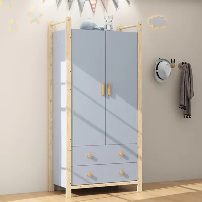 Produktbild von Sweiko 2-türiger Kleiderschrank, Kleiderschrank mit Kleiderstange, 2 Schubladen, für Schlafzimmer, Wohnzimmer, Flurgarderobe geeignet, aus Spanplatte, blauer Körper + Kieferrahmen, 90×45×180cm
