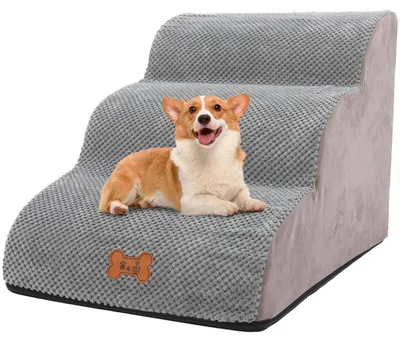 Immagine prodotto di Scala per cani e gatti con 3 gradini, ideale per animali di piccola taglia, altezza 40 cm, realizzata con spugna ad alta densità, rivestimento lavabile e base antiscivolo