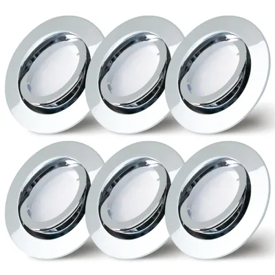 Image de Lot de 6 spots encastrables chromés Ø68 mm, perçage et fermeture à baïonnette, avec module LED 5 watts 400 lumens blanc chaud 2700 K, ultraplats, pivotants à 30 mm