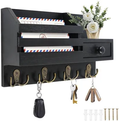 Immagine prodotto di Ibenzoa® - Portachiavi da parete in legno, organizer sostenibile con 4 ganci doppi, dimensioni 30 x 18 cm, salvaspazio per chiavi, giacche e borse