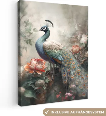 Produktbild von MuchoWow® - Leinwandbilder - Pfau - Pfauenfedern - Vogel - Dschungel - Blumen, Wandbild, Wanddeko Bilder Wohnzimmer, 30x40 cm