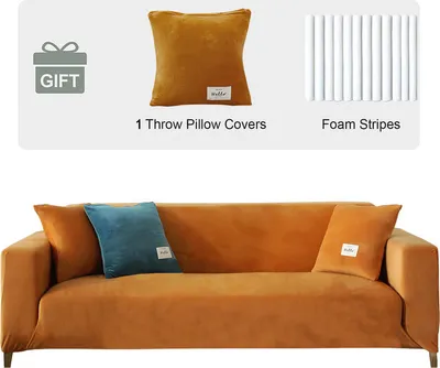 Produktbild von (4-Sitzer, Orange) Dicke Sofabezüge aus Samt, 1, 2, 3, 4-Sitzer, hochelastischer, rutschfester Sofabezug, Möbelschutz, Plüsch-Sofa-Schonbezüge mit 1 Kissenbezug für Wohnzimmer, Hunde, Katzen, Haustiere