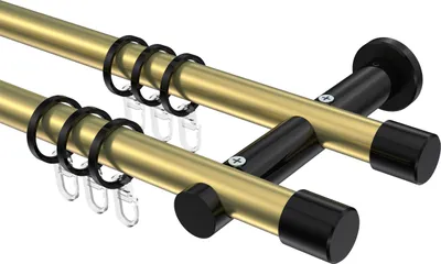Produktbild von Interdeco Gardinenstange / Vorhangstange Messing-Optik / Schwarz, Typ Platon Santo (Kappe), 20 mm Ø 2-läufig, 540 cm