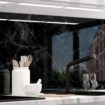 Produktbild von Küchenrückwand selbstklebend Glasoptik - MARMOR BLACK - 1.8mm, versteift, alle Untergründe, Hart PET Material, PREMIUM 60 x 80cm