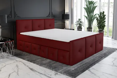 Produktbild von Boxspringbett KLARA 160x200  mit 2 Bettkästen, Bonell-Matratze und Topper. Farbe: Dunkelrot.
