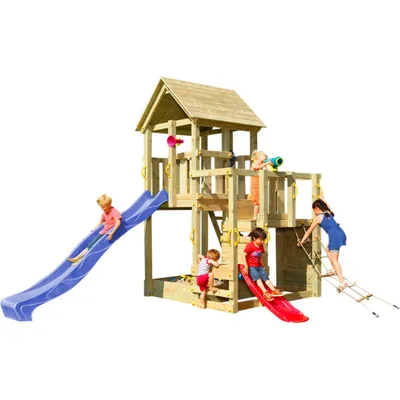 Produktbild von Spielturmking Spielturm PENTHOUSE mit Rutsche 2,90 m + Babyrutsche + Kletternetz - Blau DH268
