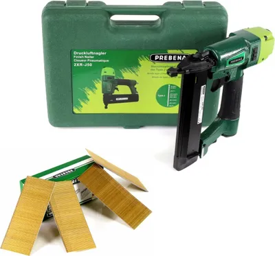 Produktbild von Prebena 2XR-J50 Druckluftnagler im Transportkoffer + Prebena Stauchkopfnägel Brads 50 mm 4000 Stück - aus verzinktem Stahl, geharzt
