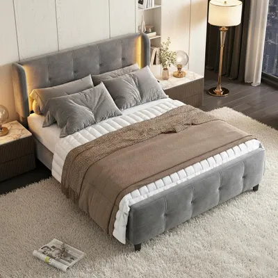 Obrázek produktu pro Okwish čalouněná postel manželská 140x200 cm s 16barevnými LED pásky, výškově nastavitelný čelo postele, samet, šedá - bez matrace