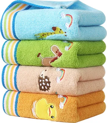 Produktbild von 4 Stück Gesichtstücher Kinderhandtücher Weich Buntes Tier Handtuch Set mit Aufhängerschlaufe Tiermotiv Saugfähig Gesichtstücher Babybadetuch für Kinder(25 x 50cm)