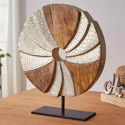 Image de Skulpur "Circle", sculpture en bois de mangue et en aluminium, finition dorée, diamètre 24 cm, objet de décoration, décoration en bois