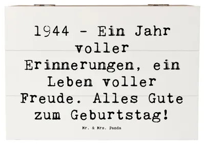 Produktbild von Mr. & Mrs. Panda Kiste Spruch 1944 Geburtstag 22 x 15 cm - Weiß - Geschenk, Alter, Happy Birthday, Geburtstagsgeschenk, Erinnerungen, feiern, schatztruhe, mit Deckel