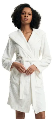 Produktbild von HENDERSON Damen kuscheliger kurzer Bademantel / Morgenmantel /Saunamantel mit Kapuze - Bindegürtel und großen Taschen, Creme mit Blätterstruktur, Gr. M