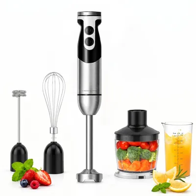 Obrázok produktu pre Ručný mixér, čierny, 800 W, 5 funkcií, 12 rýchlostí a turbo režim, nože z titánovej ocele, rukoväť s metličkou, drvič a odmerka