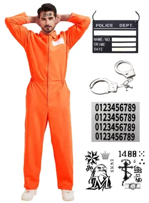 Immagine prodotto di Tuta da detenuto da uomo - Costume per Halloween - Outfit per cosplay - Tuta arancione - Costume per adulti - Materiale resistente agli urti