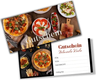 Produktbild von itenga Geschenkgutschein Fotodesign - Motiv ITALIENISCHE KÜCHE Postkarte zum Ausfüllen  21,0 x 9,8 cm