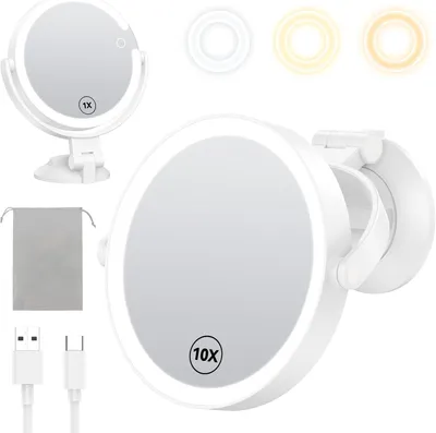 Produktbild von Schminkspiegel Kosmetikspiegel Schminkspiegel mit Beleuchtung (1X/10X Vergrößerung, 3 Lichtmodi, USB-C Aufladbarer, Doppelseitiger LED-Lichtspiegel