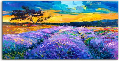 Produktbild von Coloray Glasbild 140x70  Wandbild Glasbilder Lavendelfeld Sonnenuntergang Baum