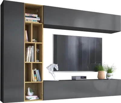 A modern living room wall unit with a TV, shelves, and cabinets.