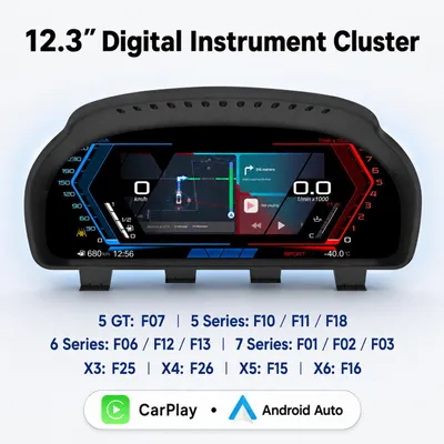 Produktbild von 12,3" Carplay Digitales Kombiinstrument für BMW 5er F07, F10 F11 F18, 6er F06 F12 F13, 7er F01 F02 F03, X3 F25, X4 F26, X5 F15, X6 F16, KI-generiertes Bild