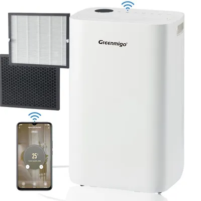 Produktbild von Greenmigo WiFi Luftentfeuchter Lufttrockner 25L/Tag,Ionisator,HEPA-Filter und Aktivkohlefilter,Kontinuierlicher Abfluss,Wäschetrockner,24-Stunden-Time