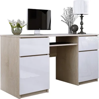 Obrázok produktu pre Stôl: 2 zásuvky, dub Sonoma / lesklá biela, 135 x 77 x 50 cm