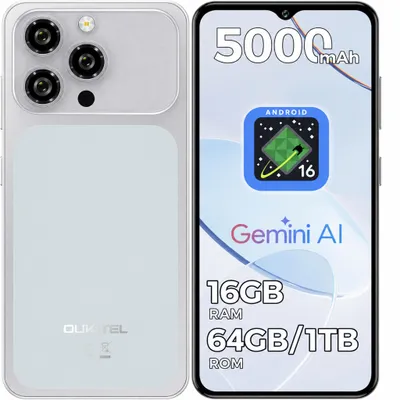 Image de OUKITEL C17 Telephone Portable 6,52" 5000mAh 16Go+64Go/1 To Telephone 13MP Android 16 Smartphone Double SIM 4G/GPS/Face ID, Argent