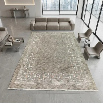 Obrázek produktu pro Koberec tmavě béžové barvy s okrajovým vzorem, frędzle a moderním designem. Rozměry: 80 x 150 cm