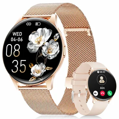 Produktbild von Smartwatch Damen HD mit Telefonfunktion 120+Sportmodi Monitor 24h Pulsuhr Schlafmonitor Kalorien IP68 Wasserdicht Smart Watch iOS Android Gold Roségold