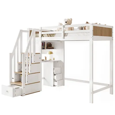 Produktbild von Hochbett mit Schreibtisch und Regal, 90x200 cm, Kinderbett mit Rausfallschutz und Treppe, Jugendbett