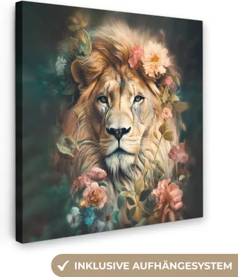Zdjęcie produktu dla MuchoWow® - Obraz na płótnie - Lew - Głowa lwa - Dzikie zwierzęta - Kwiaty, fototapeta, dekoracja ścienna, obrazy do salonu, 20x20cm