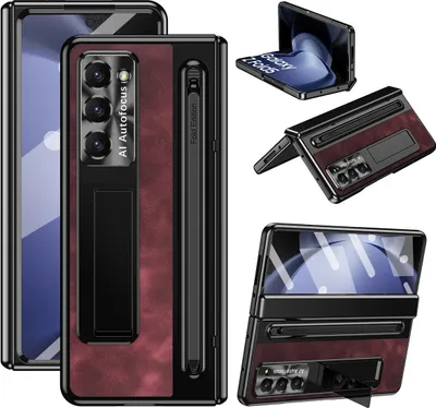 Immagine prodotto di Custodia Samsung Galaxy Z Fold 6 con lente in metallo e protezione della cerniera, supporto in pelle vintage con supporto per S Pen e protezione dello schermo rosso