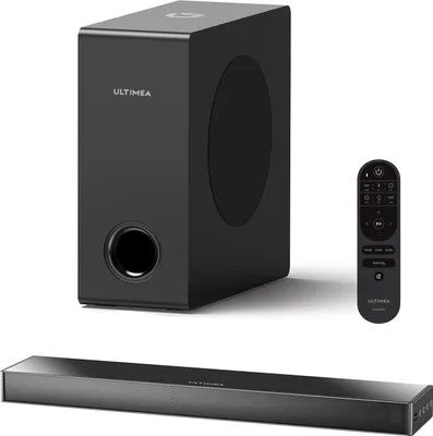 Imagen del producto de Barra de sonido ULTIMEA con subwoofer, sistema de sonido envolvente 2.1, altavoz para televisión, 3 ecualizadores, diseño delgado pero potente, compatible con HDMI ARC, óptica, AUX y Bluetooth