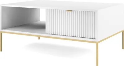 A white coffee table with a gold metal frame and a fluted drawer front is shown against a white background.