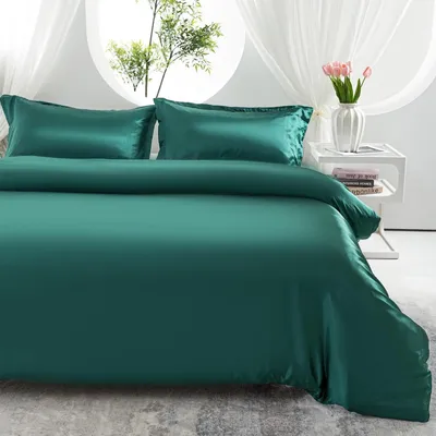 Produktbild von Satin Bettwäsche Set 200x220 cm Dunkelgrün Kühlend 2 Kissenbezüge 80x80 cm Reißverschluss 105 GSM
